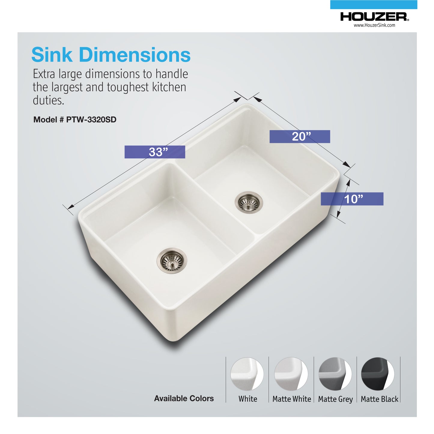 Houzer Aspire 33 inch Fireclay Farmhouse Apron Front Kitchen Sink 50/50 Double Bowl Workstation Sink with Accessories - PTW-3320SD