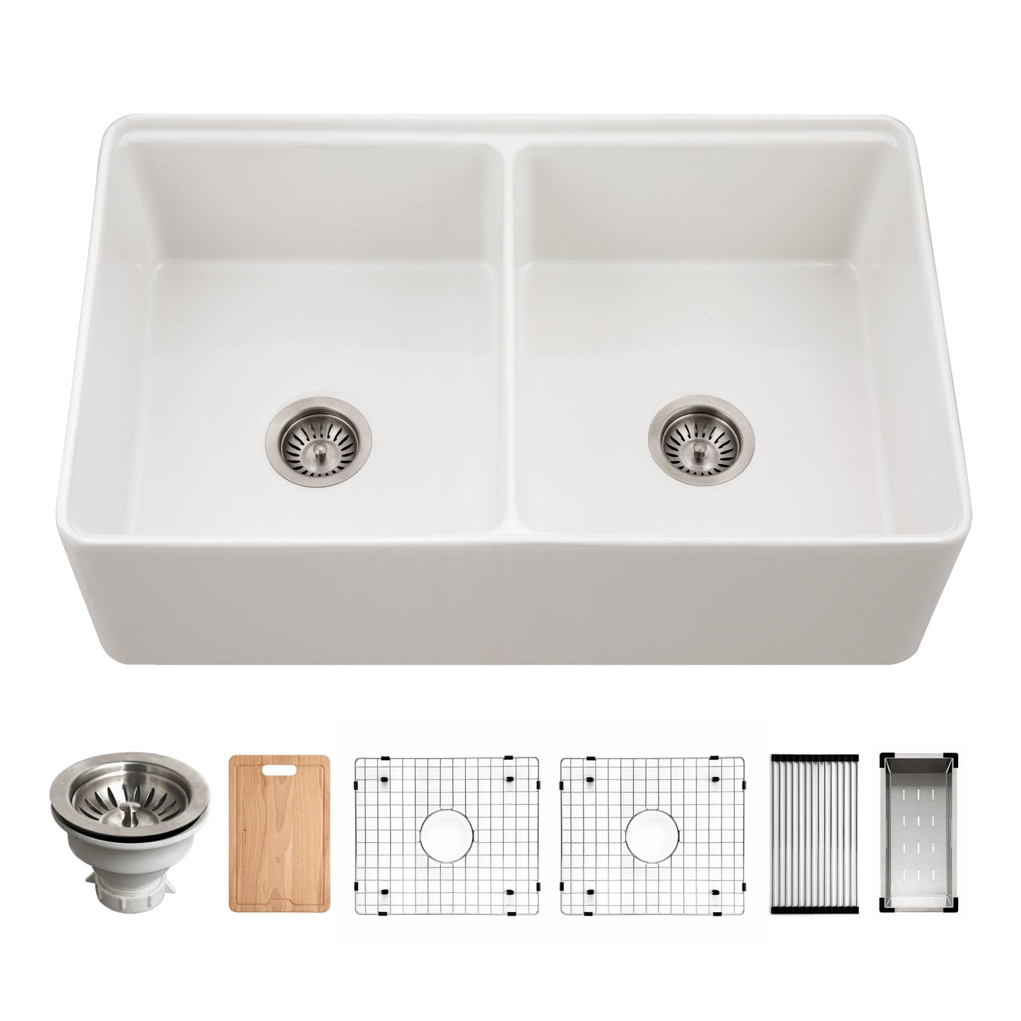 Houzer Aspire 33 inch Fireclay Farmhouse Apron Front Kitchen Sink 50/50 Double Bowl Workstation Sink with Accessories - PTW-3320SD