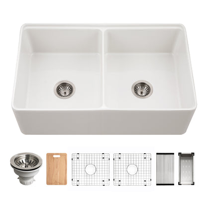 Houzer Aspire 33 inch Fireclay Farmhouse Apron Front Kitchen Sink 50/50 Double Bowl Workstation Sink with Accessories - PTW-3320SD