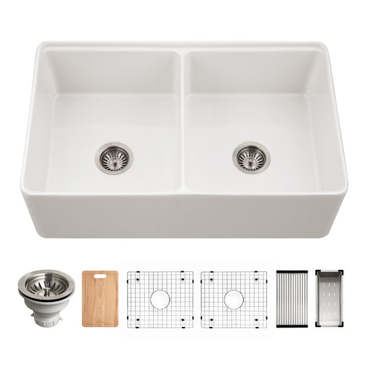 Houzer Aspire 33 inch Fireclay Farmhouse Apron Front Kitchen Sink 50/50 Double Bowl Workstation Sink with Accessories - PTW-3320SD