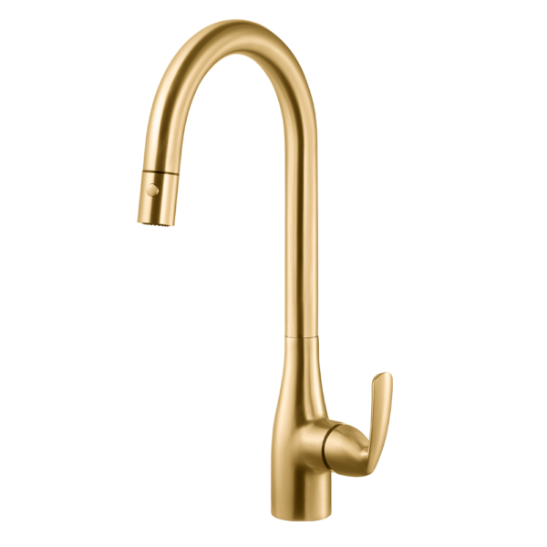 Houzer Kitchen Faucet – Quantum Dual Function Transitional Brass Pull Down Dual Function Kitchen Faucet in Brushed Brass Brass