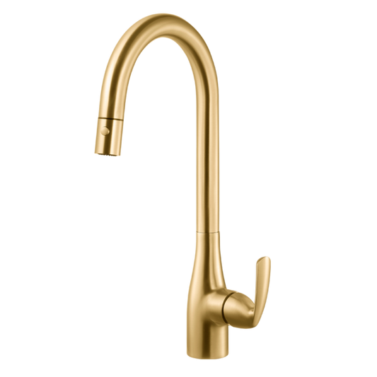Houzer Kitchen Faucet – Quantum Dual Function Transitional Brass Pull Down Dual Function Kitchen Faucet in Brushed Brass Brass
