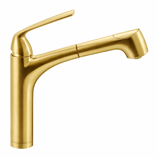 Houzer Kitchen Faucet – Quantum Dual Function Pull Out Dual Function Kitchen Transitional Faucet in Brushed Brass