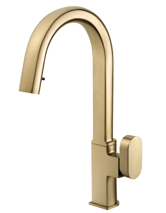 Houzer Kitchen Faucet – Revel Dual Function Contemporary Hidden Pull Down Kitchen Faucet in Matte Black and Brushed Brass Brass