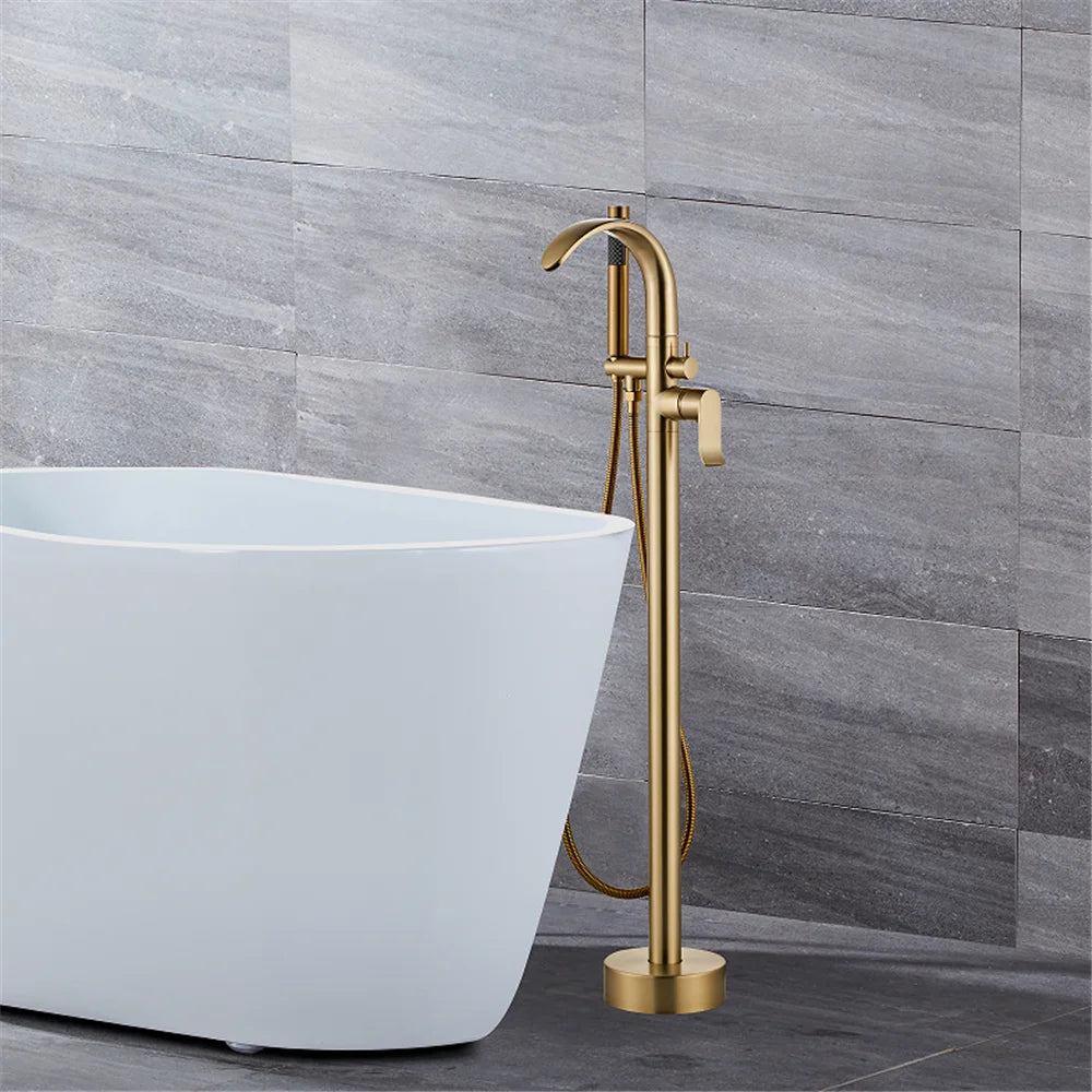 Brushed Gold Waterfall Bathtub Faucet Set - Modern Brass Floor Mixer for a Luxurious Bathroom Experience