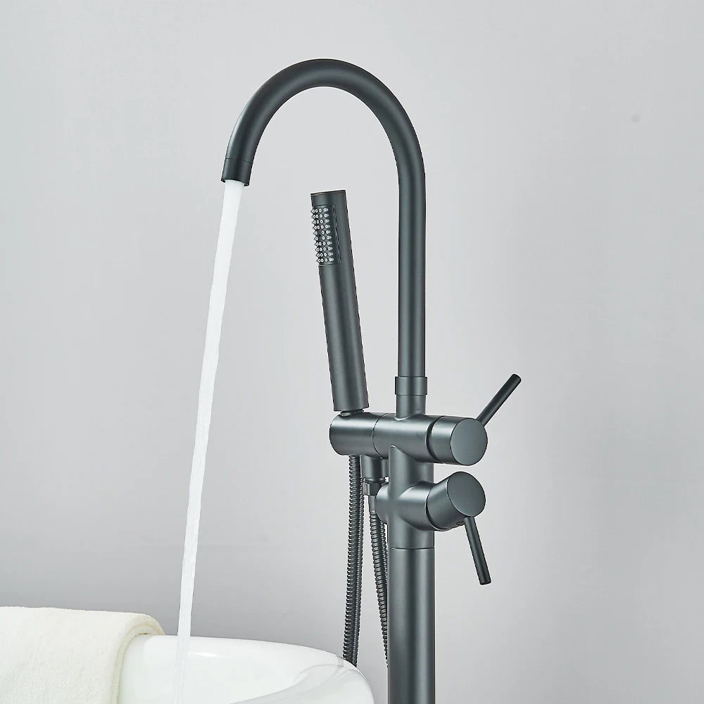 Luxury Living Black Bathtub Faucet with Hand Shower - Floor Mounted, Hot & Cold Water Control
