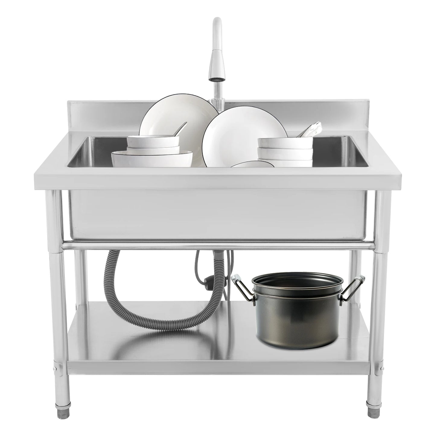 Stainless Steel Freestanding Utility Sink - Single Bowl with Pull-Out Faucet for Effortless Cleaning
