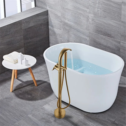 Brushed Gold Waterfall Bathtub Faucet Set - Modern Brass Floor Mixer for a Luxurious Bathroom Experience