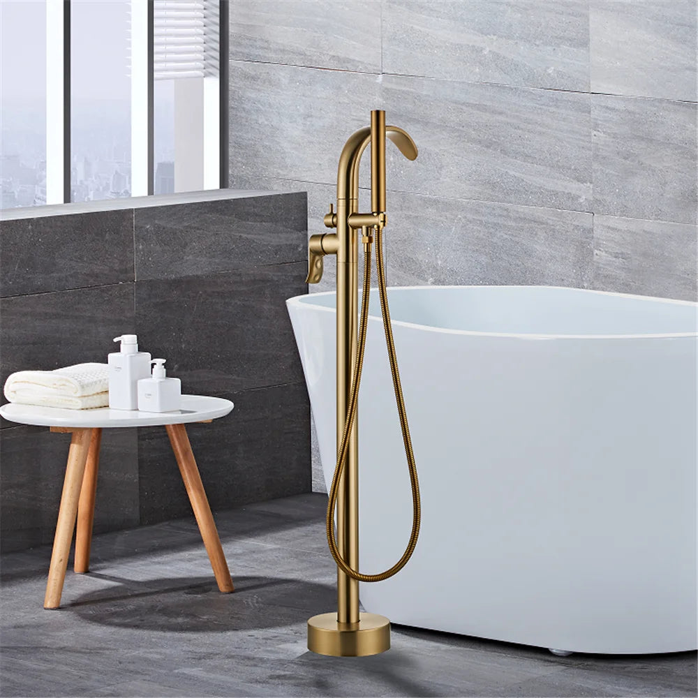 Brushed Gold Waterfall Bathtub Faucet Set - Modern Brass Floor Mixer for a Luxurious Bathroom Experience