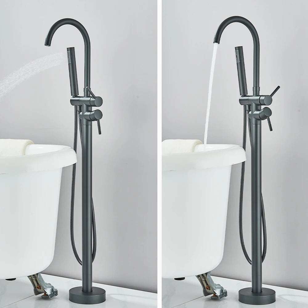 Luxury Living Black Bathtub Faucet with Hand Shower - Floor Mounted, Hot & Cold Water Control
