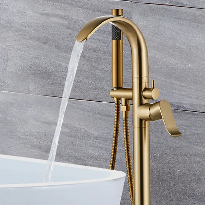 Brushed Gold Waterfall Bathtub Faucet Set - Modern Brass Floor Mixer for a Luxurious Bathroom Experience
