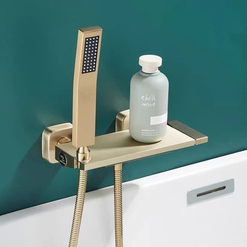 Brushed Gold Waterfall Shower Faucet Set - Luxurious Wall-Mounted Bathtub Mixer with Hot & Cold Control