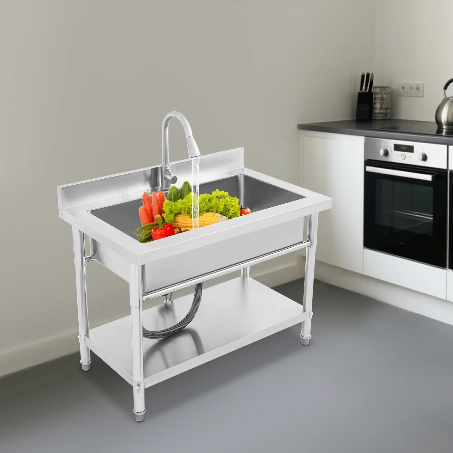 Stainless Steel Freestanding Utility Sink - Single Bowl with Pull-Out Faucet for Effortless Cleaning
