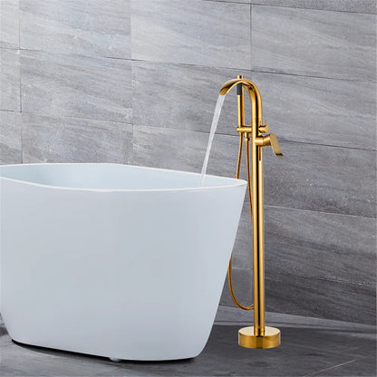 Brushed Gold Waterfall Bathtub Faucet Set - Modern Brass Floor Mixer for a Luxurious Bathroom Experience