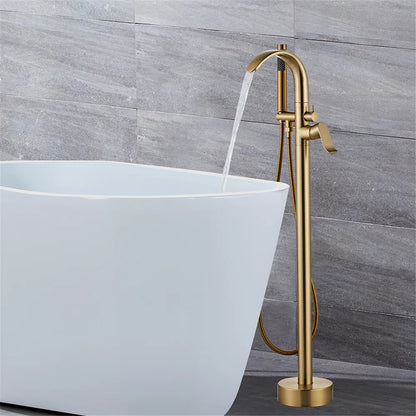 Brushed Gold Waterfall Bathtub Faucet Set - Modern Brass Floor Mixer for a Luxurious Bathroom Experience