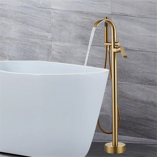 Brushed Gold Waterfall Bathtub Faucet Set - Modern Brass Floor Mixer for a Luxurious Bathroom Experience