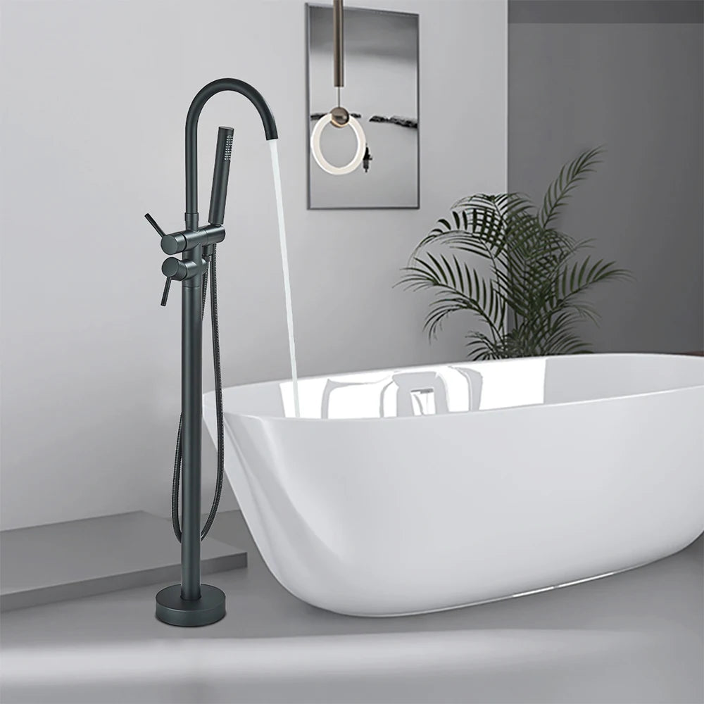 Luxury Living Black Bathtub Faucet with Hand Shower - Floor Mounted, Hot & Cold Water Control