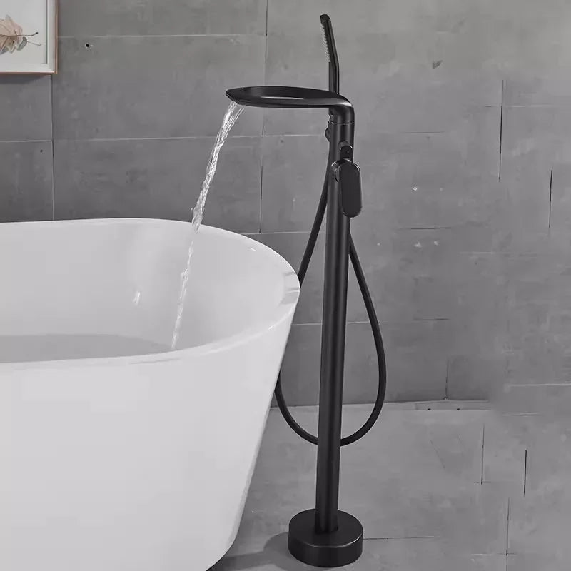 Modern Luxe Black Bathtub Faucet Set - Sleek Brass Waterfall Mixer for a Stylish Bathroom Upgrade
