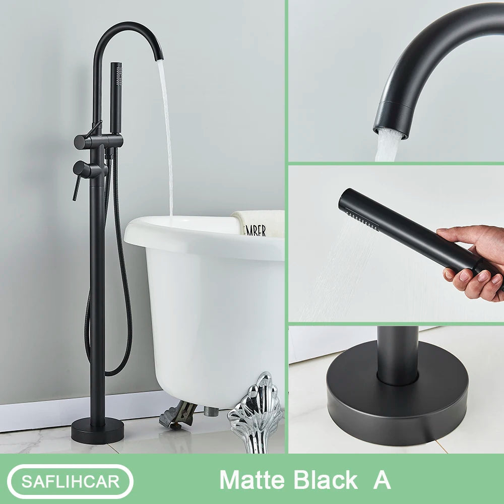 Luxury Living Black Bathtub Faucet with Hand Shower - Floor Mounted, Hot & Cold Water Control