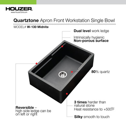 Houzer Quartztone 30 inch Apron Front Farmhouse Granite Workstation Kitchen Sink with Accessories- W-130