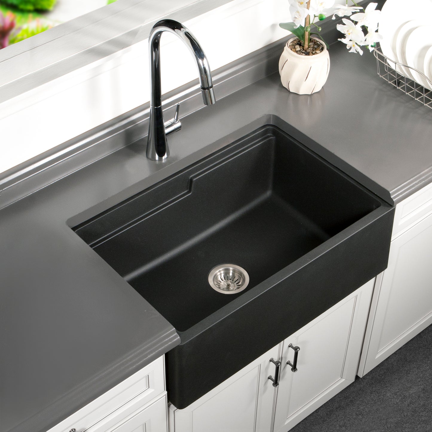 Houzer Quartztone 30 inch Apron Front Farmhouse Granite Workstation Kitchen Sink with Accessories- W-130