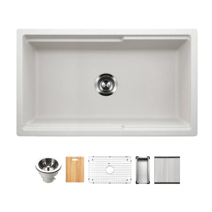 Houzer Quartztone 33" Apron Front Farmhouse Granite Composite Workstation Kitchen Sink with Accessories - W-133
