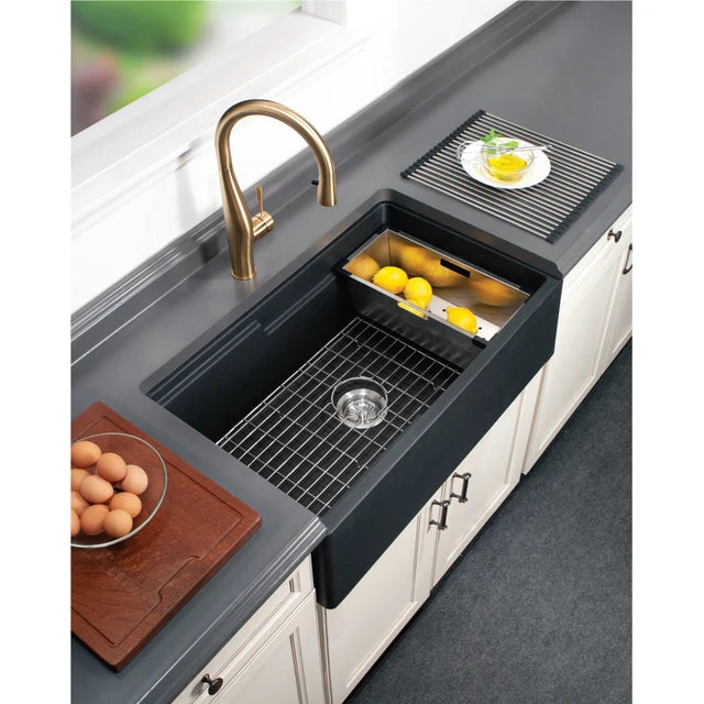 Houzer Quartztone 33" Apron Front Farmhouse Granite Composite Workstation Kitchen Sink with Accessories - W-133