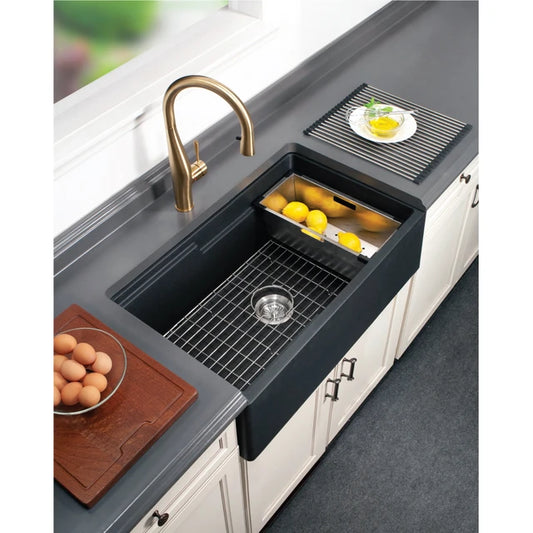 Houzer Quartztone 33" Apron Front Farmhouse Granite Composite Workstation Kitchen Sink with Accessories - W-133
