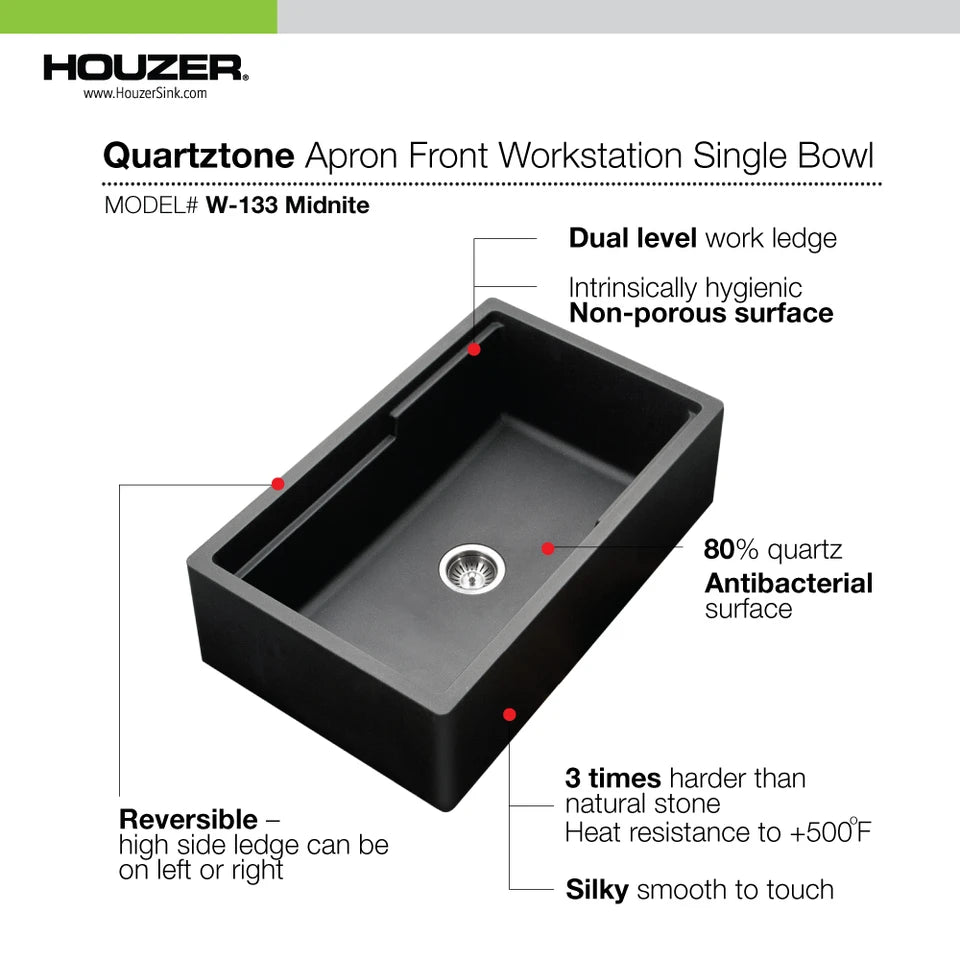 Houzer Quartztone 33" Apron Front Farmhouse Granite Composite Workstation Kitchen Sink with Accessories - W-133