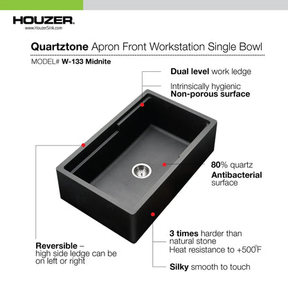 Houzer Quartztone 33" Apron Front Farmhouse Granite Composite Workstation Kitchen Sink with Accessories - W-133